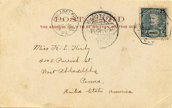 23Lis_0209.jpg -     Lote:    209            Congo       Descrição:         1898/1901 &mdash; D. Carlos I tipo Mouchon. Postal ilustrado circulado de Cabinda (13.08.1902) para os EUA (17.09.02) com trânsito por Lisboa (05.09.02) com selo de 25 reis verde azul CE19. Postal transportado pelo Paquete Ambaca.        PI       Valor Base:     &euro; 20,00     Valor Venda:     Retirado     