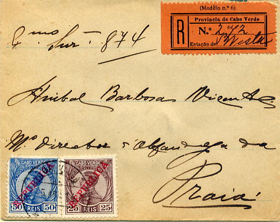 23Lis_0211.jpg -     Lote:    211            Cabo Verde       Descrição:         1912 &mdash; D. Manuel II, com sobrecarga REPUBLICA. Sobrescrito circulado registado internamente de S. Vicente (05.04.1914) para a Praia, com selos de 25 e 50 reis CE105 e 106. MB.        Carta       Valor Base:     &euro; 30,00     Valor Venda:     &euro; 30,00     