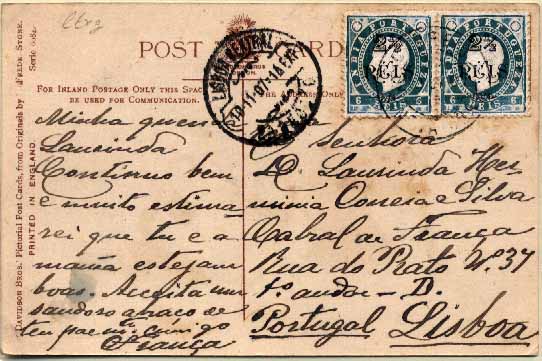 23Lis_0213.jpg -     Lote:    213            Índia       Descrição:         1902 &mdash; D. Luís I, com sobretaxa. CE169, 2 &frac12; s/ 6 reis, verde escuro. Par de selos sobre postal ilustrado circulado de Nova Goa (24.10.1907) para Lisboa (10.11.07). B e R.        PI       Valor Base:     &euro; 15,00     Valor Venda:     Retirado     