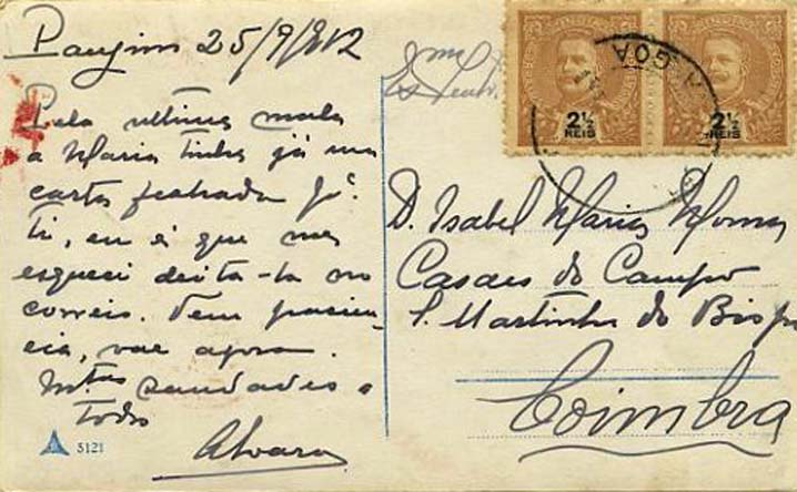 23Lis_0214.jpg -     Lote:    214            Índia       Descrição:         1898 &mdash; D. Carlos I tipo Mouchon. CE81, 2 &frac12; avos, castanho. Par em postal ilustrado circulado de Nova Goa (25.09.12) para Coimbra.        PI       Valor Base:     &euro; 5,00     Valor Venda:     &euro; 5,00     