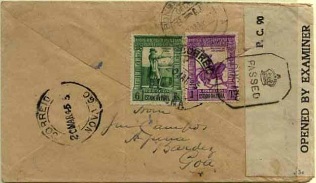 23Lis_0215.jpg -     Lote:    215            Índia       Descrição:         1938 &mdash; Império Colonial Português. Sobrescrito circulado de Nova Goa (20.03.45) para Bombaim (27.03.45), censurada pelos ingleses, com selos de 6 reis verde e 1 Tanga lilás rosa, CE351, 353.        Carta       Valor Base:     &euro; 5,00     Valor Venda:     &euro; 5,00     