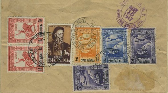 23Lis_0216.jpg -     Lote:    216            Índia       Descrição:         1938/46 &mdash; Império Colonial Português + Motivos históricos. Sobrescrito circulado registado por via aérea de Nova Goa para Nova York (15.05.47) com selos de 1 &frac12; T CE354, 1Rp CE383 e 2 &frac12; (2), 3 &frac12; e 4 &frac12; Tgs CE CA2/4.        Carta       Valor Base:     &euro; 10,00     Valor Venda:     &euro; 10,00     