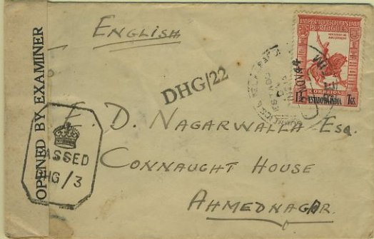 23Lis_0217.jpg -     Lote:    217            Índia       Descrição:         1938 &mdash; Império Colonial Português. CE354, 1 &frac12; Tg vermelho em sobrescrito circulado de Betim (02.11.44) para Ahmednagar (06.11.44), censurada pela censura inglesa.        Carta       Valor Base:     &euro; 10,00     Valor Venda:     &euro; 10,00     