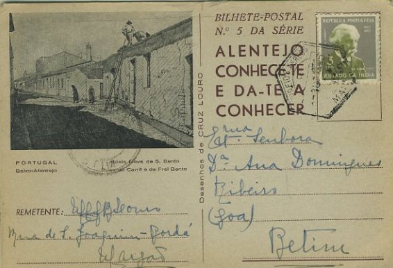 23Lis_0218.jpg -     Lote:    218            Índia       Descrição:         1953/1954 &mdash; Exposição de Arte Sacra Missionária + Centenário do Dr. Gama Pinto. Dois postais ilustrados da Aldeia Nova de S. Bento (Raros), circulados internamente na Índia de Margão para Betim, respectivamente em 20.09.56 e 27.10.55.        PI       Valor Base:     &euro; 25,00     Valor Venda:     &euro; 25,00     