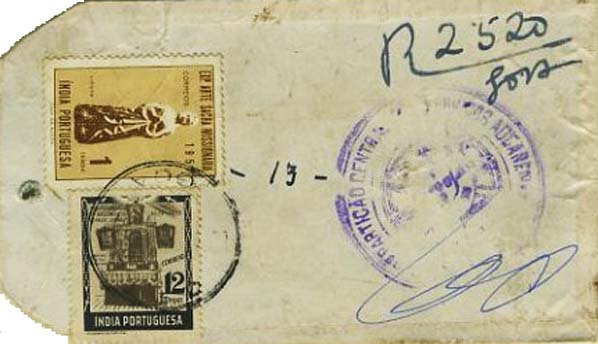 23Lis_0219.jpg -     Lote:    219            Índia       Descrição:         1951/53 &mdash; Tricentenário de Padre José Vaz + Exposição de Arte Sacra Missionária. Etiqueta de encomenda postal, registada de Goa para o Lobito com selo de 12 Tangas CE424 e 1 Tanga CE432.         Carta       Valor Base:     &euro; 10,00     Valor Venda:     &euro; 10,00     