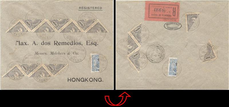 23Lis_0220.jpg -     Lote:    220            Macau       Descrição:         1902/1903 &mdash; D. Carlos I, com sobretaxa + D. Carlos I Mouchon, novos valores e cores. Selos de recurso. Sobrescrito circulado registado de Macau (31.08.10) para Hong-Kong (02.09.10) com dois selos biparticos de 6 avos s/ 200 reis (um no verso) CE117 + 16 selos bipartidos de 3 avos (5 no verso) CE130. MB.        Carta       Valor Base:     &euro; 75,00     Valor Venda:     Retirado     