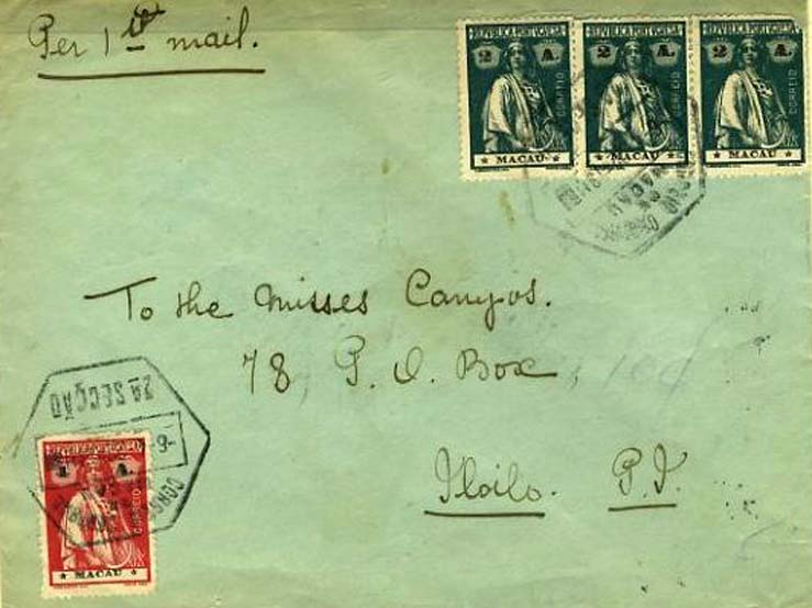 23Lis_0223.jpg -     Lote:    223            Macau       Descrição:         1913 &mdash; Ceres. Sobrescrito circulado de Macau (06.04.22) para os EUA, com 3 selos de 2 avos verde CE212 e um selo de 4 avos carmim CE213. MB.        Carta       Valor Base:     &euro; 40,00     Valor Venda:     Retirado     