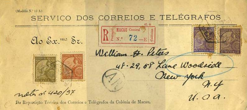 23Lis_0224.jpg -     Lote:    224            Macau       Descrição:         1934 &mdash; Padrões. Sobrescrito circulado registado com Aviso de Recepção, de Macau (29.03.37) para Nova York (09.04.1937), com selos de 3 avos, 40 avos, 50 avos e 2 patacas. CE271, 283, 284 e 286.         Carta       Valor Base:     &euro; 20,00     Valor Venda:     Retirado     