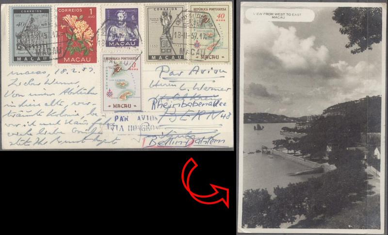 23Lis_0225.jpg -     Lote:    225            Macau       Descrição:      Postal fotográfico.   1957 &mdash; Postal ilustrado circulado por via aérea de Macau (18.02.57) para a Alemanha, com selos CE358, 368, 370, 374, 387 e 391.         PI       Valor Base:     &euro; 10,00     Valor Venda:     &euro; 60,00     