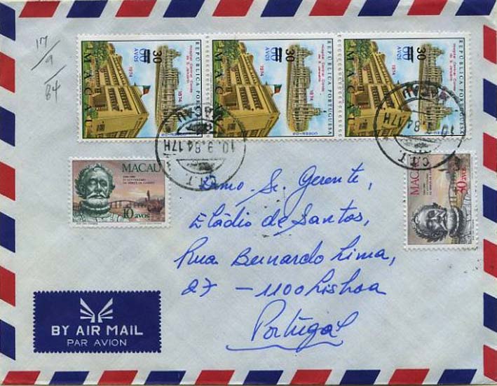 23Lis_0226.jpg -     Lote:    226            Macau       Descrição:         1981 &mdash; Centenário do Hospital Central de Macau, com sobretaxa + 4.º Centenário da Morte de Camões. Sobrescrito circulado de Macau (10.09.84) para Lisboa com 5 selos (2 no verso) de 30 s/ 60 avos CE449 e selos de 10 avos e 30 avos CE450/451.        Carta       Valor Base:     &euro; 10,00     Valor Venda:     Retirado     