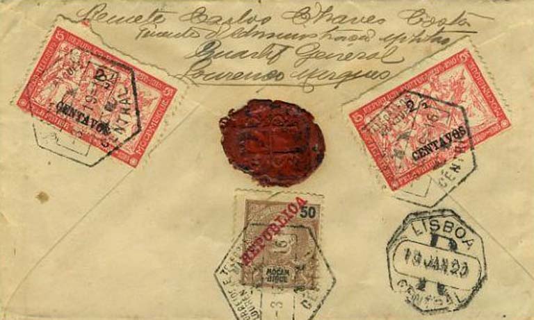 23Lis_0229.jpg -     Lote:    229            Moçambique       Descrição:         1918/20 &mdash; Taxa de Guerra com sobretaxa + D. Carlos I tipo Mouchon com sobrecarga República. Carta circulada registada de Lourenço Marques (03.12.1919) para Lisboa (19.01.1920). Selos no verso, de 2 &frac12; s/ 5 ctvs, denteado 11, CE204 e um de 50 reis castanho CE109.        Carta       Valor Base:     &euro; 25,00     Valor Venda:     &euro; 55,00     