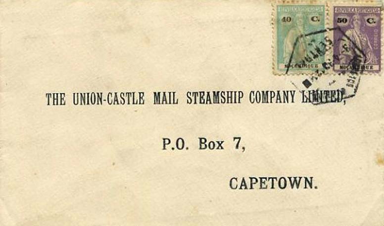 23Lis_0230.jpg -     Lote:    230            Moçambique       Descrição:         1922/26 &mdash; Ceres. Sobrescrito, pré-impresso com a morada do destinatário "Union-Castle Mail Steamship Company", circulado de Lourenço Marques (03.04.35) para Capetown, com selos de 40c verde-azul CE242 + 50c violeta CE254.        Carta       Valor Base:     &euro; 10,00     Valor Venda:     Retirado     