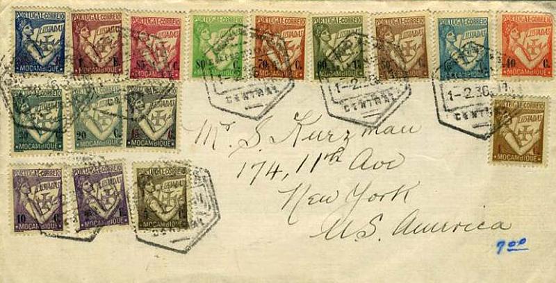 23Lis_0233.jpg -     Lote:    233            Moçambique       Descrição:         1933 &mdash; Lusíadas. Sobrescrito circulado de Lourenço Marques (01.02.36) para os EUA com selos de 1, 5, 10, 15, 20, 30, 40, 45, 50, 60, 70, 80, 85 ctvs, 1$00, 1$40 e 2$00. CE270/285. B.         Carta       Valor Base:     &euro; 20,00     Valor Venda:     &euro; 20,00     