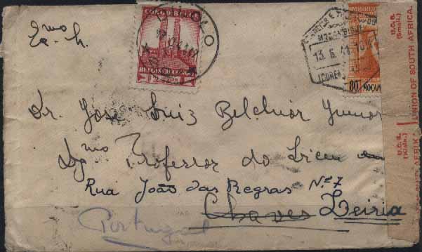 23Lis_0235.jpg -     Lote:    235            Moçambique       Descrição:         1938 &mdash; Império Colonial Português. Sobrescrito circulado de L. Marques (13.06.41) para Chaves (20.01.42) e reexpedido para Leiria (31.01.42), com selo de 80 c. amarelo laranja CE300. Sobrescrito com circulação fora de comum. Transportada em mão até Dilolo (17.10.41) onde foi novamente franquiada com selo de 2,50F, transitou por Elizabethville (24.10.41) até à Cidade do Cabo por via ferroviária, onde foi censurada. Daqui seguiu por via marítima para Portugal.        Carta       Valor Base:     &euro; 50,00     Valor Venda:     &euro; 50,00     