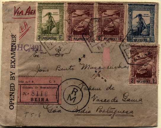 23Lis_0236.jpg -     Lote:    236            Moçambique       Descrição:         1944 &mdash; Império Colonial Português. Sobrescrito circulado registado por via aérea da Beira (07.03.44) para Goa (25.06.44) com selos de 1$75 e 5$00 CE302 e 304 + 3 selos do correio aéreo de 2$00 CE CA5. Censurada pela censura inglesa. MB.        Carta       Valor Base:     &euro; 8,00     Valor Venda:     &euro; 18,00     