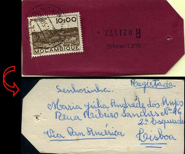 23Lis_0237.jpg -     Lote:    237            Moçambique       Descrição:         1948/49 &mdash; Vistas de Moçambique. Etiqueta de encomenda, circulada registada de Quelimane (03.11.50) para Lisboa, com selo de 10$00 castanho CE341. Marca de registo batida a preto "QUELIMANE / R 021472". MB e R.        ETQ       Valor Base:     &euro; 10,00     Valor Venda:     &euro; 10,00     