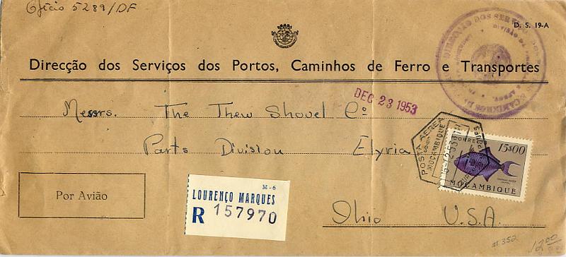 23Lis_0238.jpg -     Lote:    238            Moçambique       Descrição:         1951 &mdash; Peixes de Moçambique. Sobrescrito circulado registado por via aérea de Lourenço Marques (16.12.53) para os EUA (23.12.53) com selo de 15$00 CE376. MB e MR.        Carta       Valor Base:     &euro; 25,00     Valor Venda:     Retirado     