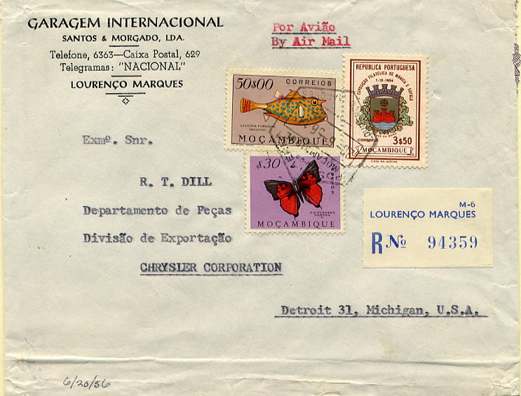 23Lis_0239.jpg -     Lote:    239            Moçambique       Descrição:         1951/54 &mdash; Peixes e Borboletas de Moçambique + 1.ª Exposição Filatélica de Manica e Sofala. Sobrescrito circulado registado por via aérea de Lourenço Marques (20.06.56) para os EUA (25.06.56) com selos de 50$00 CE379, $30 CE391 e 3$50 CE421. MB e R.        Carta       Valor Base:     &euro; 50,00     Valor Venda:     &euro; 50,00     
