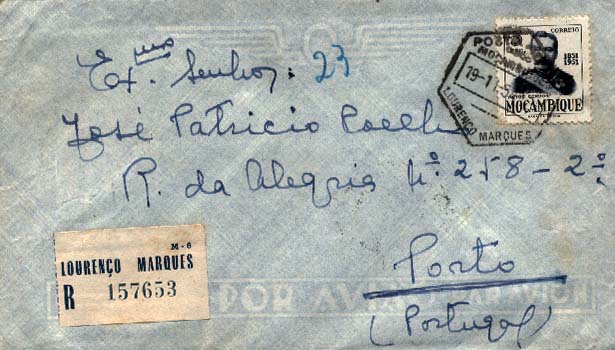 23Lis_0240.jpg -     Lote:    240            Moçambique       Descrição:         Lote de 7 sobrescritos registados, de 1954 a 1973, todas de Lourenço Marques com selos e/ou diferentes franquias mecânicas (a vermelho e a verde) e com as respectivas etiquetas de registo. Lote a ver.        Lote        Valor Base:     &euro; 10,00     Valor Venda:     &euro; 42,00     