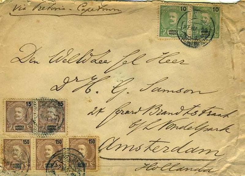 23Lis_0244.jpg -     Lote:    244            Lourenço Marques       Descrição:         1898/1900 &mdash; D. Carlos I Mouchon. Sobrescrito circulado de Lourenço Marques (27.05.1898) para a Holanda (17.06.1898) Via Cape Town, com selos de 10 reis (2), 15 reis (2) e 150 reis (3), perfazendo o porte de 500 reis (décimo porte para o estrangeiro) correspondente a uma carta com o peso até 150 grs. MB e R.         Carta       Valor Base:     &euro; 100,00     Valor Venda:     Retirado     