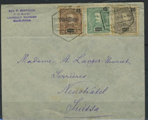 23Lis_0245.jpg -     Lote:    245            Lourenço Marques       Descrição:         1898/1902 &mdash; D. Carlos I Mouchon + D. Carlos I com sobrecarga "Provisório". Sobrexrito circulado de Lourenço Marques (22.05.09) para a Suíça (13.06.09), com selos de 20 reis violeta CE57, 15 reis verde CE94, e 15 reis castanho CE90.        Carta       Valor Base:     &euro; 40,00     Valor Venda:     &euro; 40,00     