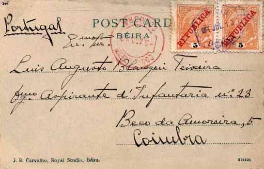 23Lis_0247.jpg -     Lote:    247            Companhia de Moçambique       Descrição:         1895 &mdash; Tipo Elefantes. Postal ilustrado circulado da Beira (04.07.13) para Coimbra (03.08.13) com par de selos de 5 reis laranja, papel porcelana, denteado 11 &frac12;, CE12. Marca de Coimbra batida a vermelho.        PI       Valor Base:     &euro; 5,00     Valor Venda:     &euro; 24,00     