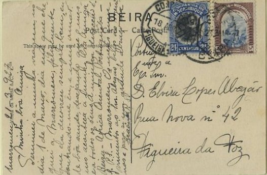 23Lis_0248.jpg -     Lote:    248            Companhia de Moçambique       Descrição:         1925/31 &mdash; Motivos locais. Novos desenhos e valores. Postal ilustrado circulado de Beira (21.03.27) para Figueira da Foz (18.04.27) com selos de 24c e 25c CE162/163. B.        PI       Valor Base:     &euro; 10,00     Valor Venda:     &euro; 10,00     