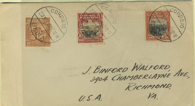 23Lis_0249.jpg -     Lote:    249            Companhia de Moçambique       Descrição:         1918/31 &mdash; Motivos locais. Sobrescrito circulado da Beira (23.09.32) para os EUA com selos de 10c, 60c e 70c, CE126, 148 e 165.        Carta       Valor Base:     &euro; 10,00     Valor Venda:     &euro; 40,00     
