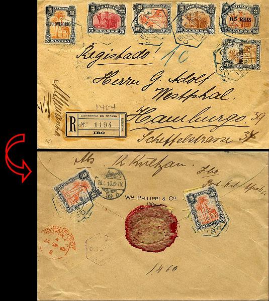 23Lis_0250.jpg -     Lote:    250            Companhia do Niassa       Descrição:         1901/1903 &mdash; D. Carlos I (Camelos e Girafa) + D. Carlos I com sobrecarga PROVISÓRIO + D. Carlos I com sobretaxa. Sobrescrito circulado registado do IBO (25.08.1910) para Hamburgo (26.09.1910) e trânsito pela Beira e Londres (24.09.1910) com selos de: 3 x 20 (dois no verso) CE31, 75 reis CE34, 100 reis CE36, 115 s/ 150 reis CE41, 15 e 25 reis CE43/44. MB e MR.        Carta       Valor Base:     &euro; 350,00     Valor Venda:     &euro; 650,00     