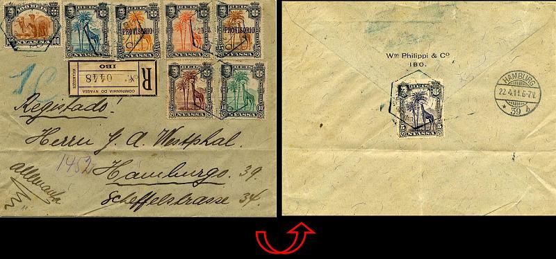 23Lis_0251.jpg -     Lote:    251            Companhia do Niassa       Descrição:         1901/1903 &mdash; D. Carlos I (Camelos e Girafa) + D. Carlos I com sobrecarga PROVISÓRIO. Sobrescrito circulado registado do IBO (29.03.11) para Hamburgo (22.04.1911) com selos de 2 &frac12;, 5 (verso), 10, 20, 50 e 100 reis CE27, 28, 29, 31, 33 e 36 + 15 e 25 reis CE43 e 44. MB e MR.        Carta       Valor Base:     &euro; 300,00     Valor Venda:     &euro; 500,00     