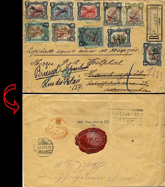 23Lis_0253.jpg -     Lote:    253            Companhia do Niassa       Descrição:         1911 &mdash; D. Manuel II. Motivos diversos com sobrecarga "REPUBLICA". Sobrescrito circulado registado do IBO (20.04.1911) para Hamburgo (21.05.1911) com trânsito por Moçambique (22.04.1911) e Londres (21.05.1911) com selos de 5, 10, 20, 25, 50, 75 100, 300, 400 e 500 reis CE53/59, 61/63. MB e MR.        Carta       Valor Base:     &euro; 300,00     Valor Venda:     &euro; 500,00     
