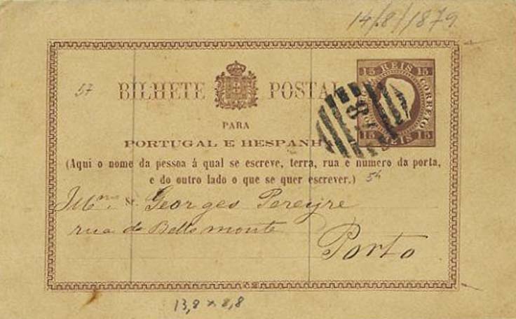 23Lis_0272.jpg -     Lote:    272            Portugal       Descrição:         1878/79 &mdash; D. Luís I. Fita Direita. Impressão em relevo. OM1, 15 reis castanho-vermelho, cunho I, cartolina camurça. Inteiro circulado de Coimbra (13.08.1879) para o Porto (14.08.79), obliterado com carimbo numérico da 2.ª reforma 78 &mdash; COIMBRA.        IC       Valor Base:     &euro; 16,00     Valor Venda:     &euro; 40,00     