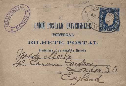 23Lis_0281.jpg -     Lote:    281            Portugal       Descrição:         1879 &mdash; D. Luís I Fita Direita. Impressão com relevo. OM4, 20 reis azul, cartolina média, creme, circulado do Funchal (03.01.1885) para Inglaterra. Carimbo de dupla oval do "FUNCHAL" batido a preto. B.        IC       Valor Base:     &euro; 10,00     Valor Venda:     &euro; 34,00     