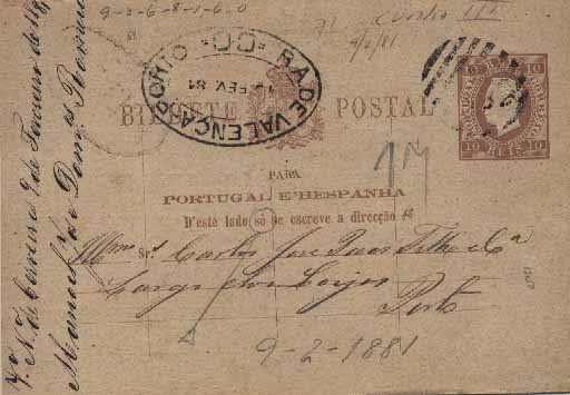 23Lis_0292.jpg -     Lote:    292            Portugal       Descrição:         1880/81 &mdash; D. Luís I. Fita Direita. Impressão com relevo. OM7a, 10 reis castanho-vermelho claro, cartolina fina camurça, com erro "sò" em vez de "só", circulado de Vila Nova da Cerveira (09.02.1881) para o Porto, pela "R.A. DE CALENÇA &mdash; PORTO / 12 FEV. 81". MB e MR.        IC       Valor Base:     &euro; 30,00     Valor Venda:     &euro; 55,00     