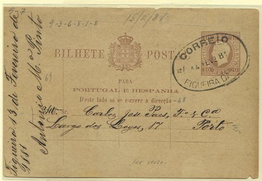 23Lis_0299.jpg -     Lote:    299            Portugal       Descrição:         1880/81 &mdash; D. Luís I. Fita direita. Impressão em relevo. Baixa de porte. OM7 (5 mm), 10 reis castanho vermelho, circulado da Figueira da Foz (14.02.81) para o Porto (15.02.81). Carimbo de dupla oval batido a preto de FIGUEIRA DA FOZ. Pequenos defeitos nos bordos superior e inferior.        IC       Valor Base:     &euro; 15,00     Valor Venda:     Retirado     
