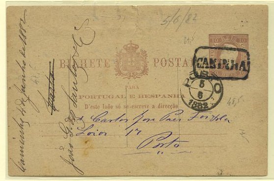 23Lis_0300.jpg -     Lote:    300            Portugal       Descrição:         1880/81 &mdash; D. Luís I. Fita direita. Impressão em relevo. Baixa de porte. OM7k (3 mm), 10 reis castanho vermelho, circulado de Caminha (04.06.82) para o Porto (05.06.82). Marca nominativa batida a preto "CAMINHA". Defeito no bordo superior.        IC       Valor Base:     &euro; 20,00     Valor Venda:     &euro; 20,00     