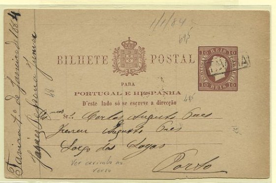 23Lis_0301.jpg -     Lote:    301            Portugal       Descrição:         1880/81 &mdash; D. Luís I. Fita direita. Impressão em relevo. Baixa de porte. OM7j (3 mm entre o Escuso e a 1.ª linha), 10 reis castanho-vermelho claro em cartolina média, creme e lisa. Circulado de Tavira (01.01.84) para o Porto (02.01.84). Carimbo nominativo de TAVIRA batido a preto.         IC       Valor Base:     &euro; 40,00     Valor Venda:     &euro; 40,00     