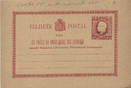 23Lis_0308.jpg -     Lote:    308            Portugal       Descrição:         1885 &mdash; Reimpressões. D. Luís I. Fita Direita. Impressão com relevo. OM2, 25 reis vermelho claro, cunho VI, cartolina amarela lisa, com sobrecarga "SPECIMEN" a preto. Emitidos apenas 500 exemplares. MB e MR.        IN/R       Valor Base:     &euro; 20,00     Valor Venda:     Retirado     