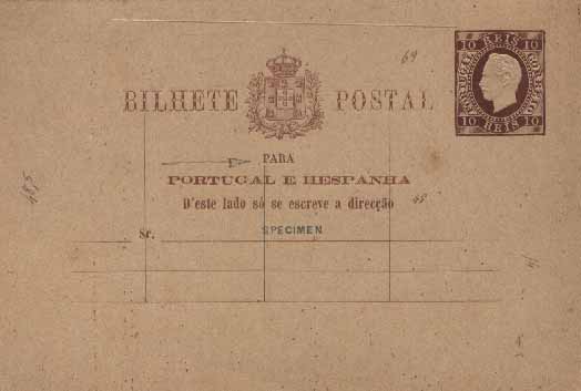 23Lis_0309.jpg -     Lote:    309            Portugal       Descrição:         1885 &mdash; Reimpressões. D. Luís I. Fita Direita. Impressão com relevo. OM7, 10 reis castanho vermelho, cartolina camurça média, com sobrecarga "SPECIMEN" a preto. Emitidos apenas 500 exemplares. MB e MR.        IN/R       Valor Base:     &euro; 20,00     Valor Venda:     Retirado     