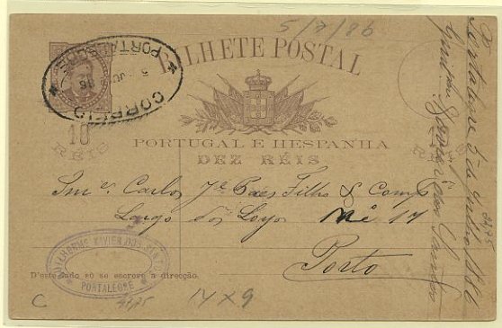 23Lis_0313.jpg -     Lote:    313            Portugal       Descrição:         1884/87 &mdash; D. Luís I, de frente. OM9b, 10 reis castanho, circulado de Portalegre (05.07.1886) para o Porto (06.07.1886). Carimbo de dupla oval batido a preto de PORTALEGRE.        IC       Valor Base:     &euro; 15,00     Valor Venda:     Retirado     