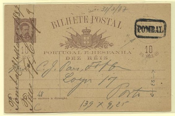 23Lis_0314.jpg -     Lote:    314            Portugal       Descrição:         1884/87 &mdash; D. Luís I, de frente. OM9d, 10 reis castanho vermelho, circulado de Pombal (30.03.1887) para o Porto (01.04.1887). Carimbo nominativo batido a preto de POMBAL.        IC       Valor Base:     &euro; 15,00     Valor Venda:     &euro; 26,00     