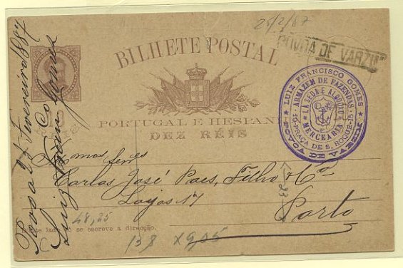 23Lis_0315.jpg -     Lote:    315            Portugal       Descrição:         1884/87 &mdash; D. Luís I, de frente. OM9d, 10 reis castanho vermelho, circulado de Pombal (25.02.1887) para o Porto (26.02.1887). Carimbo nominativo batido a preto de POVOA DE VARZIM.        IC       Valor Base:     &euro; 15,00     Valor Venda:     Retirado     