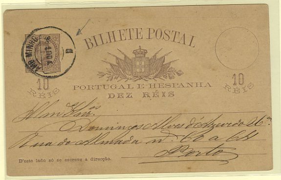23Lis_0316.jpg -     Lote:    316            Portugal       Descrição:         1884/87 &mdash; D. Luís I, de frente. OM9, 10 reis castanho vermelho, circulado de Braga (01.10.1886) para o Porto (01.10.1886). Marca da "AMB. MINHO / II" batido a preto.        IC       Valor Base:     &euro; 5,00     Valor Venda:     Retirado     