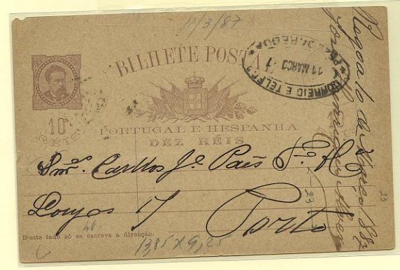 23Lis_0317.jpg -     Lote:    317            Portugal       Descrição:         1884/87 &mdash; D. Luís I, de frente. OM9, 10 reis castanho vermelho, circulado de Peso da Régua (11.03.1887) para o Porto (11.03.1887). Carimbo de dupla oval batido a preto de PESO DA REGOA.        IC       Valor Base:     &euro; 15,00     Valor Venda:     Retirado     