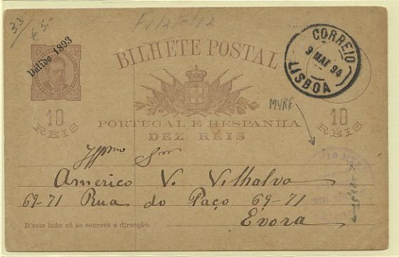 23Lis_0324.jpg -     Lote:    324            Portugal       Descrição:         1893 &mdash; D. Luís I de frente, tipografado com sobrecarga "Válido 1893). OM19, 10 reis castanho-vermelho, circulado de Lisboa (09.05.1894) para Évora (10.05.1894). Sobrecarga deslocada.        IC       Valor Base:     &euro; 5,00     Valor Venda:     Retirado     