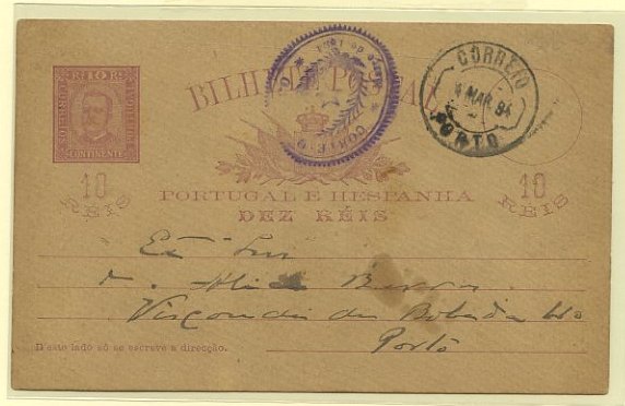 23Lis_0326.jpg -     Lote:    326            Portugal       Descrição:         1892/95 &mdash; D. Carlos I tipo Mouchon. OM13, 10 reis lilás-castanho, cartolina creme rugosa, circulado no Porto (04.03.94). Carimbo comemorativo do CORTEJO CÍVICO DO PORTO, realizado a 3 de Março de 1894.        IC       Valor Base:     &euro; 50,00     Valor Venda:     Retirado     