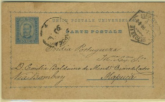 23Lis_0328.jpg -     Lote:    328            Portugal       Descrição:         1892/95 &mdash; D. Carlos I tipo Diogo Neto. OM015, 30 reis azul sobre cartolina camurça, circulado de Lisboa (08.09.96) para Mapuça (30.09.96) via Bombaim.        IC       Valor Base:     &euro; 75,00     Valor Venda:     Retirado     