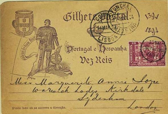 23Lis_0329.jpg -     Lote:    329            Portugal       Descrição:         1894 &mdash; 5.º Centenário do Nascimento do Infante D. Henrique. OM20, 10 reis violeta, circulado do Funchal (11.03.94) para Londres, com trânsito por Lisboa (14.03.94), e com selo adicional de 10 reis lilás rosa da emissão comemorativa CE99.        IC       Valor Base:     &euro; 40,00     Valor Venda:     &euro; 40,00     