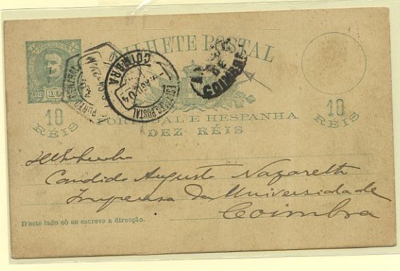 23Lis_0330.jpg -     Lote:    330            Portugal       Descrição:         1896 &mdash; D. Carlos I tipo Mouchon. OM23, 10 reis verde, cartolina amarela, circulado do Porto (04.08.904) para Coimbra (04.08.904). Marca "A. C. DO C. / DE / COIMBRA" batido a preto.        IC       Valor Base:     &euro; 5,00     Valor Venda:     &euro; 5,00     