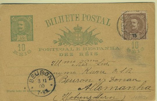23Lis_0331.jpg -     Lote:    331            Portugal       Descrição:         1896 &mdash; D. Carlos I Mouchon. OM23, 10 reis verde escuro sobre cartolina camurça rosada, circulado para a Alemanha (03.11.1900) com selo adicional de 15 reis castanho D. Carlos I Mouchon CE129. MB.        IC       Valor Base:     &euro; 12,00     Valor Venda:     Retirado     